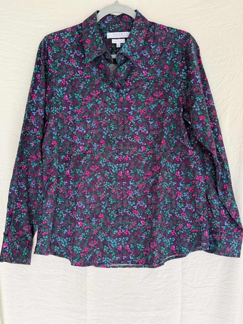 Foxcroft Floral Button-Down Shirt - Purple with Pink & Teal Accents